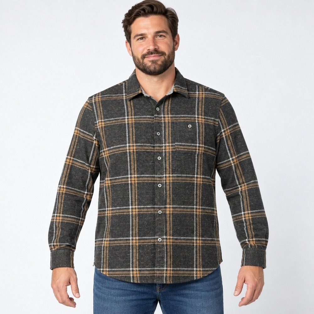 Flag & Anthem MadeFlex Flannel Shirt Men's XL Gray Tan Plaid Stretch